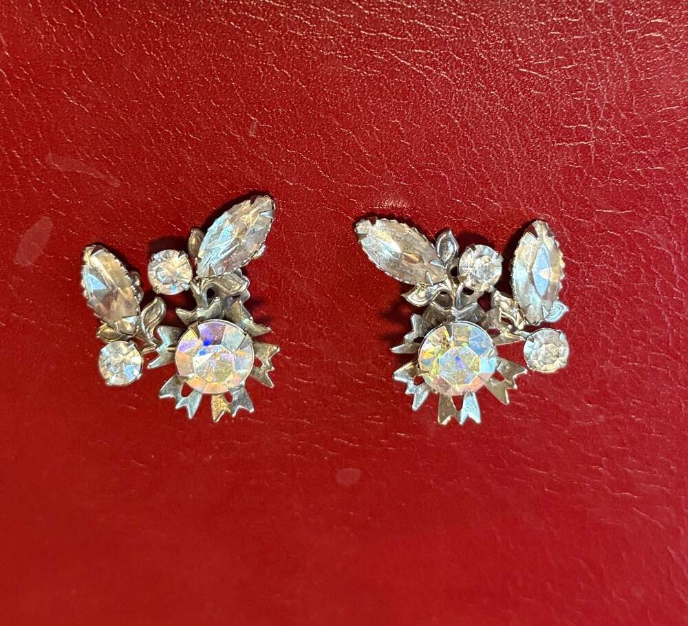 Vintage Aurora Borealis Rhinestone Clip-On Cluster Earrings Gorgeous!